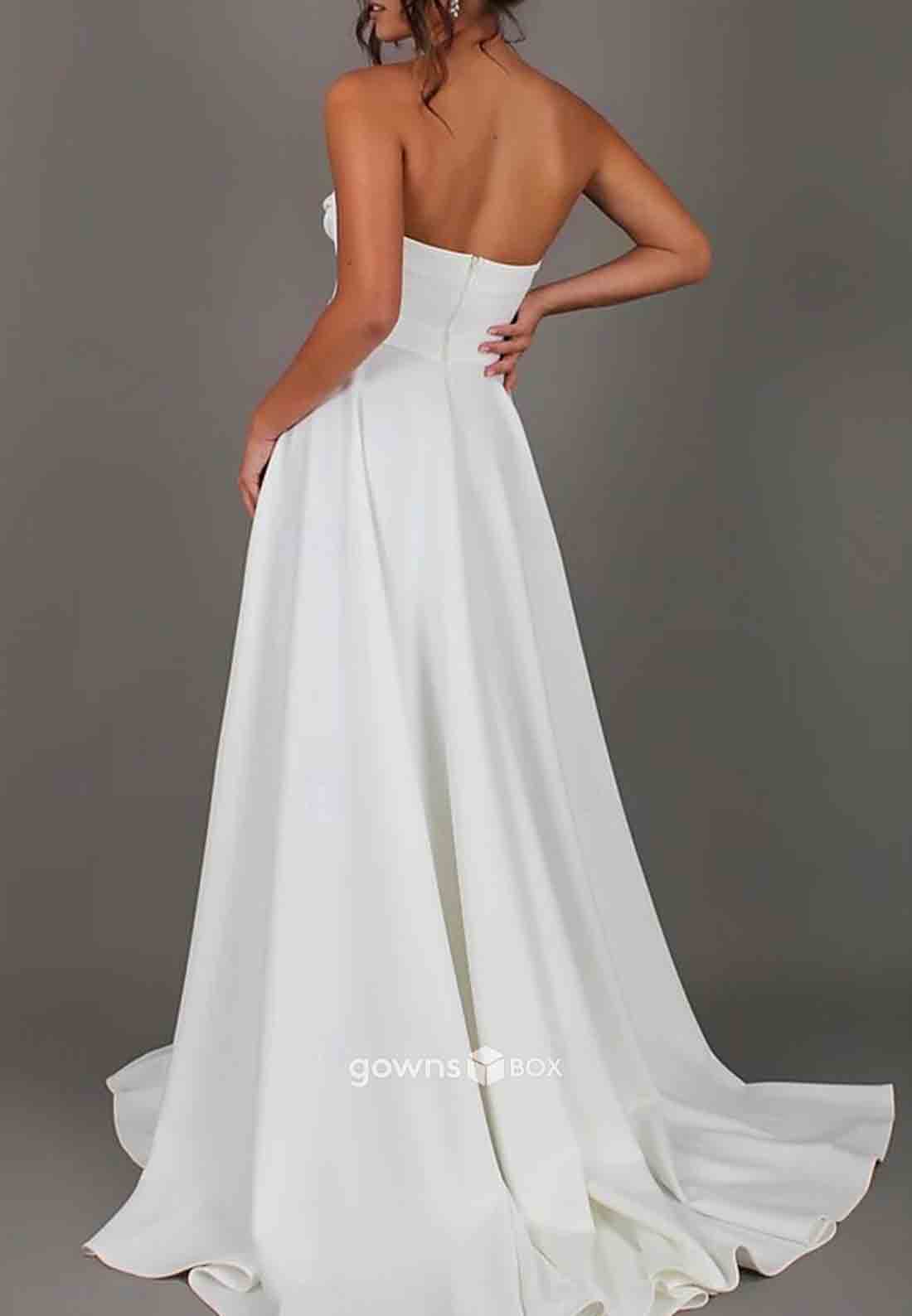 Sweep Train Simple High Slit A-Line Strapless Pleated Bridal Gowns-GownsBox