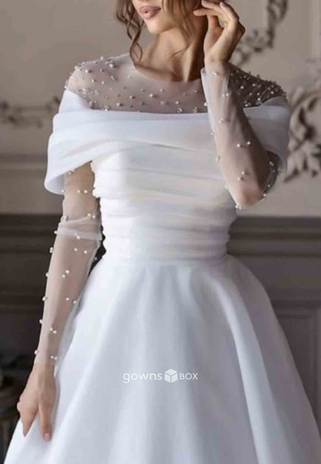 Long Sleeves Sweep Train Satin Pleated Princess Pearls Wedding Dresses-GownsBox