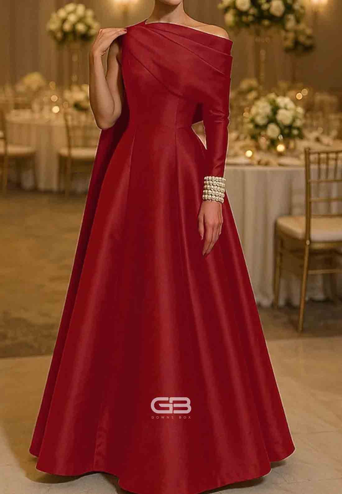 A-Line Satin Evening Gown with Pleats Pearls 