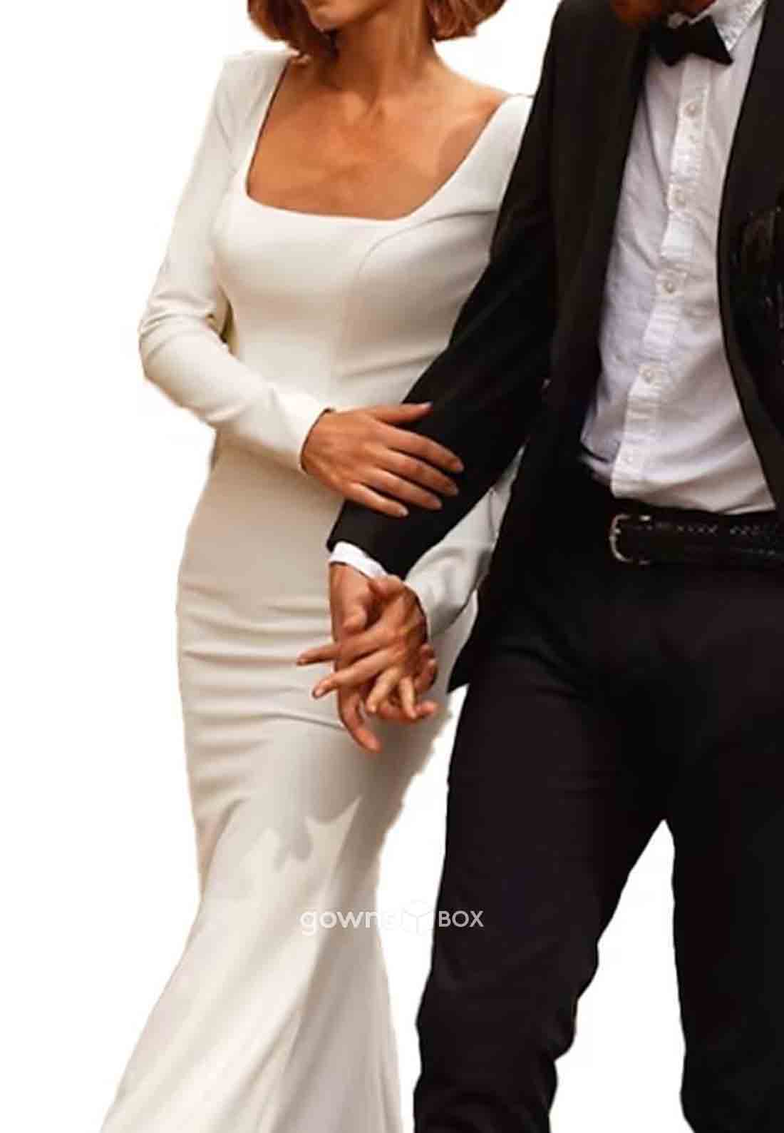 Low Back Square Long Sleeves Pleated Trumpet Court Train Wedding Dresses-GownsBox