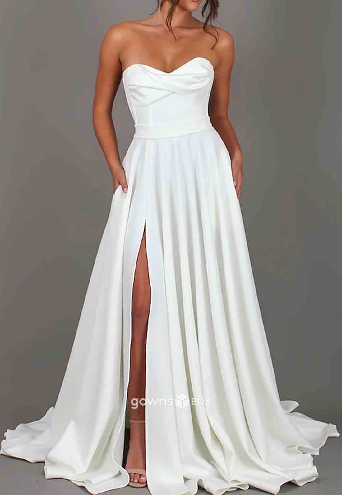 Sweep Train Simple High Slit A-Line Strapless Pleated Bridal Gowns-GownsBox