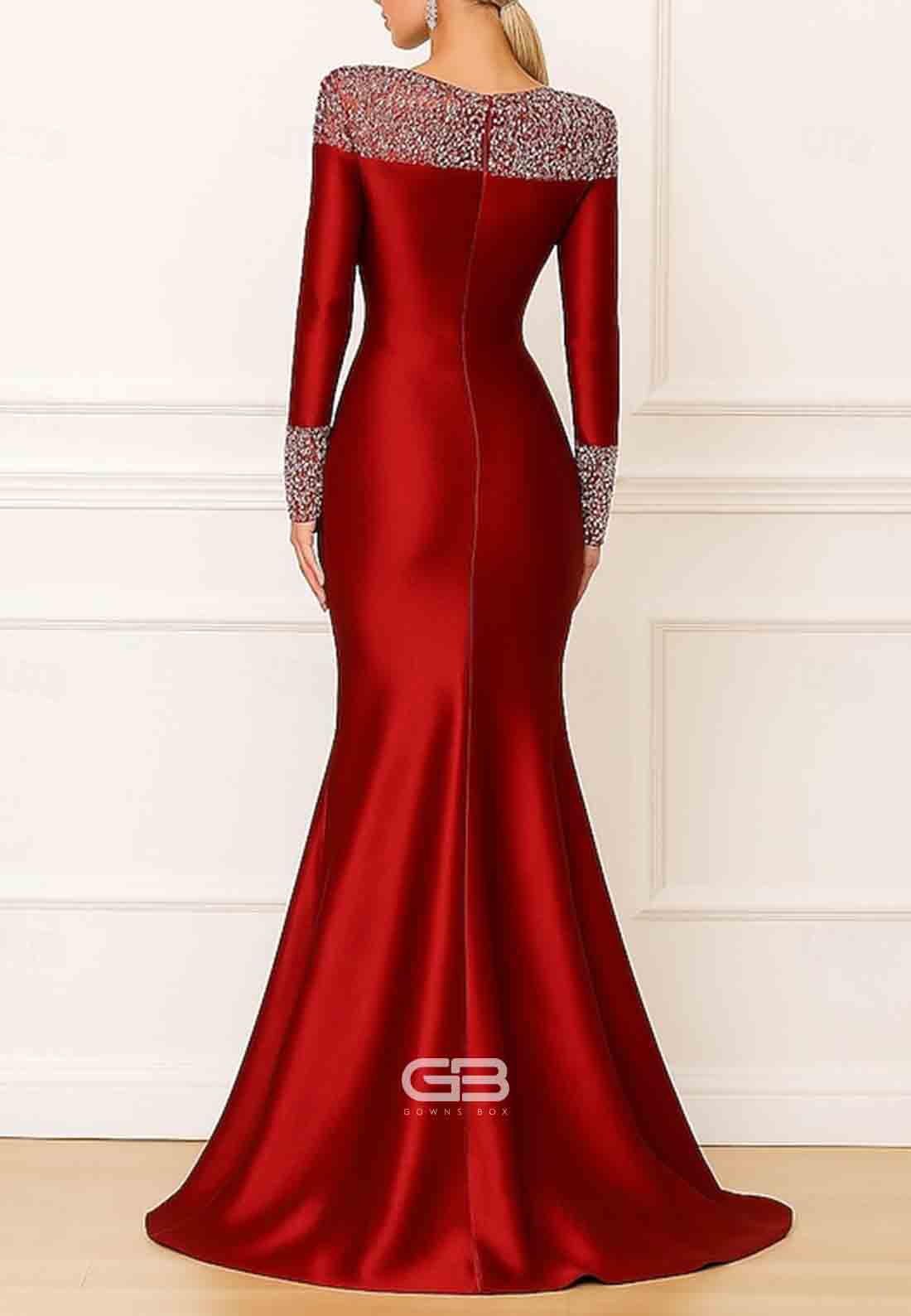 Satin Floor-Length Scoop Long Sleeves Mermaid Evening Gowns