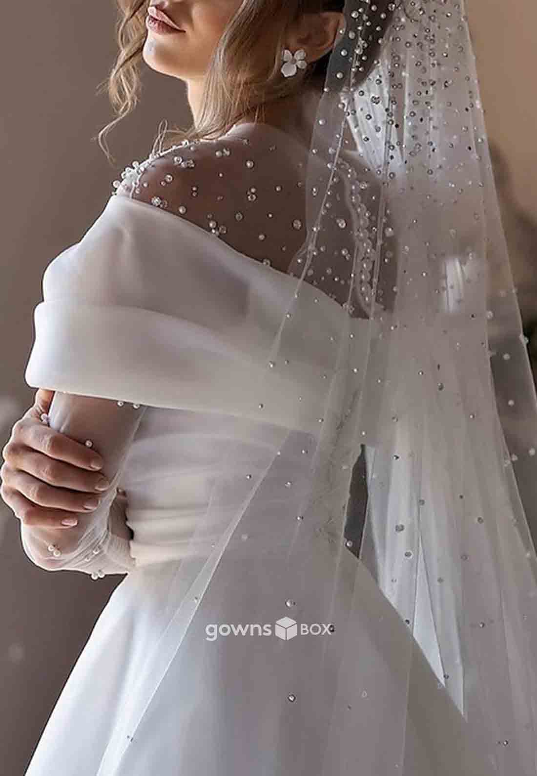 Long Sleeves Sweep Train Satin Pleated Princess Pearls Wedding Dresses-GownsBox