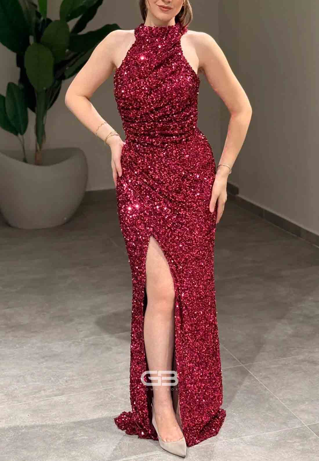 Sparkly Halter Sleeveless Sequined Column Floor-Length Evening Gowns with Side Slit 