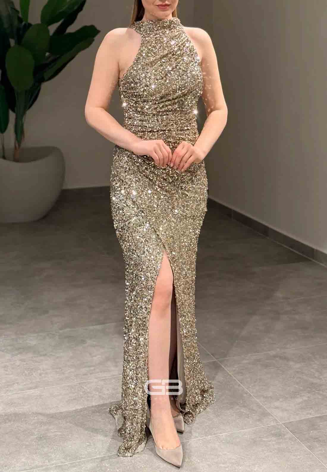 Sparkly Halter Sleeveless Sequined Column Floor-Length Evening Gowns with Side Slit 