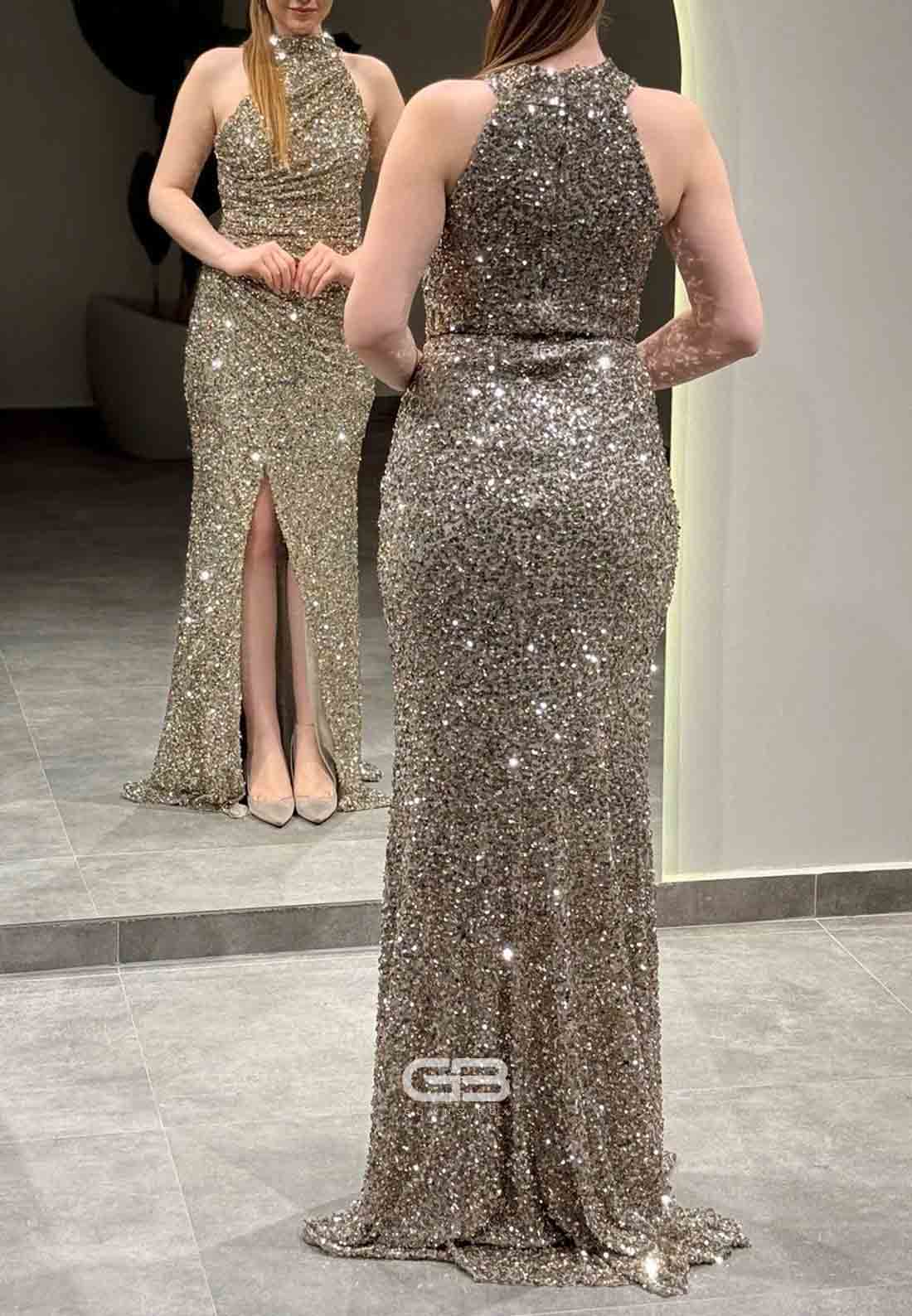 Sparkly Halter Sleeveless Sequined Column Floor-Length Evening Gowns with Side Slit 