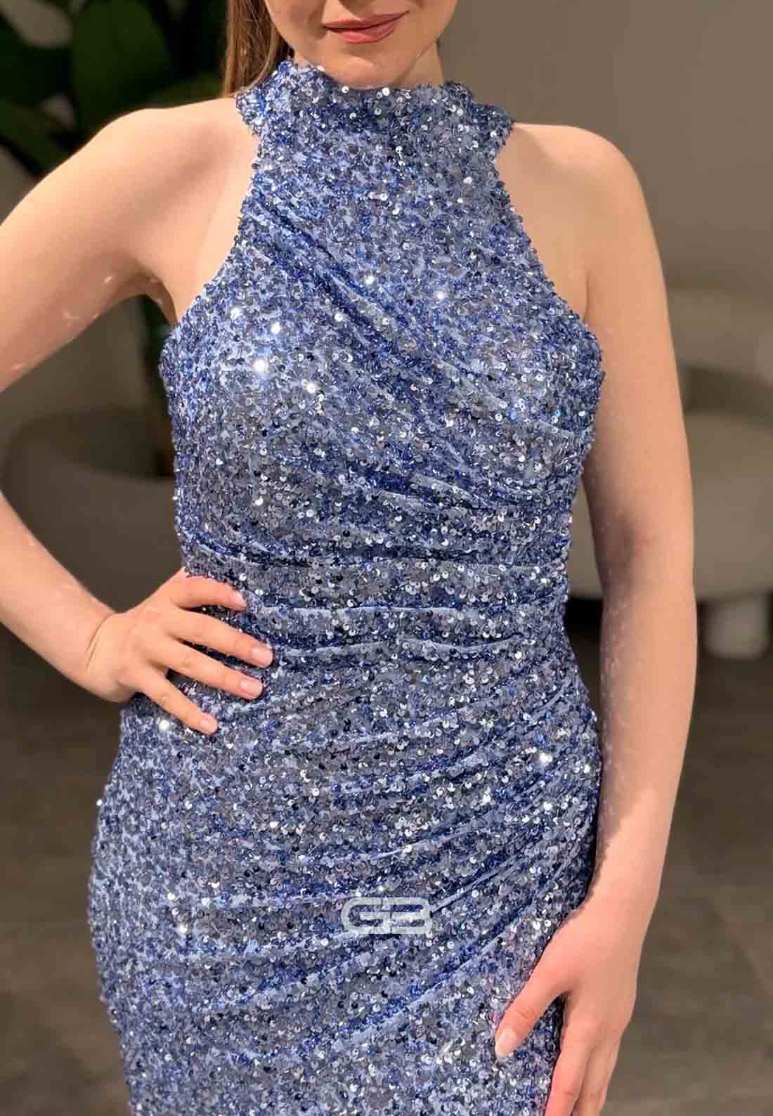 Sparkly Halter Sleeveless Sequined Column Floor-Length Evening Gowns with Side Slit 