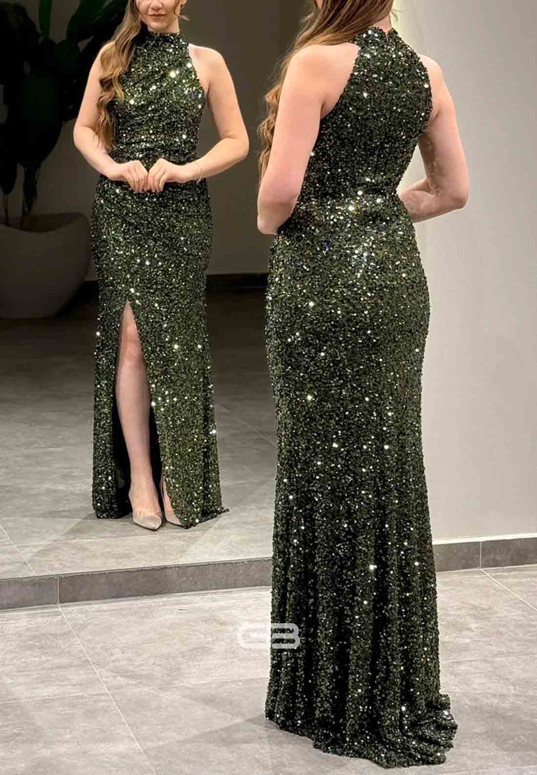 Sparkly Halter Sleeveless Sequined Column Floor-Length Evening Gowns with Side Slit 