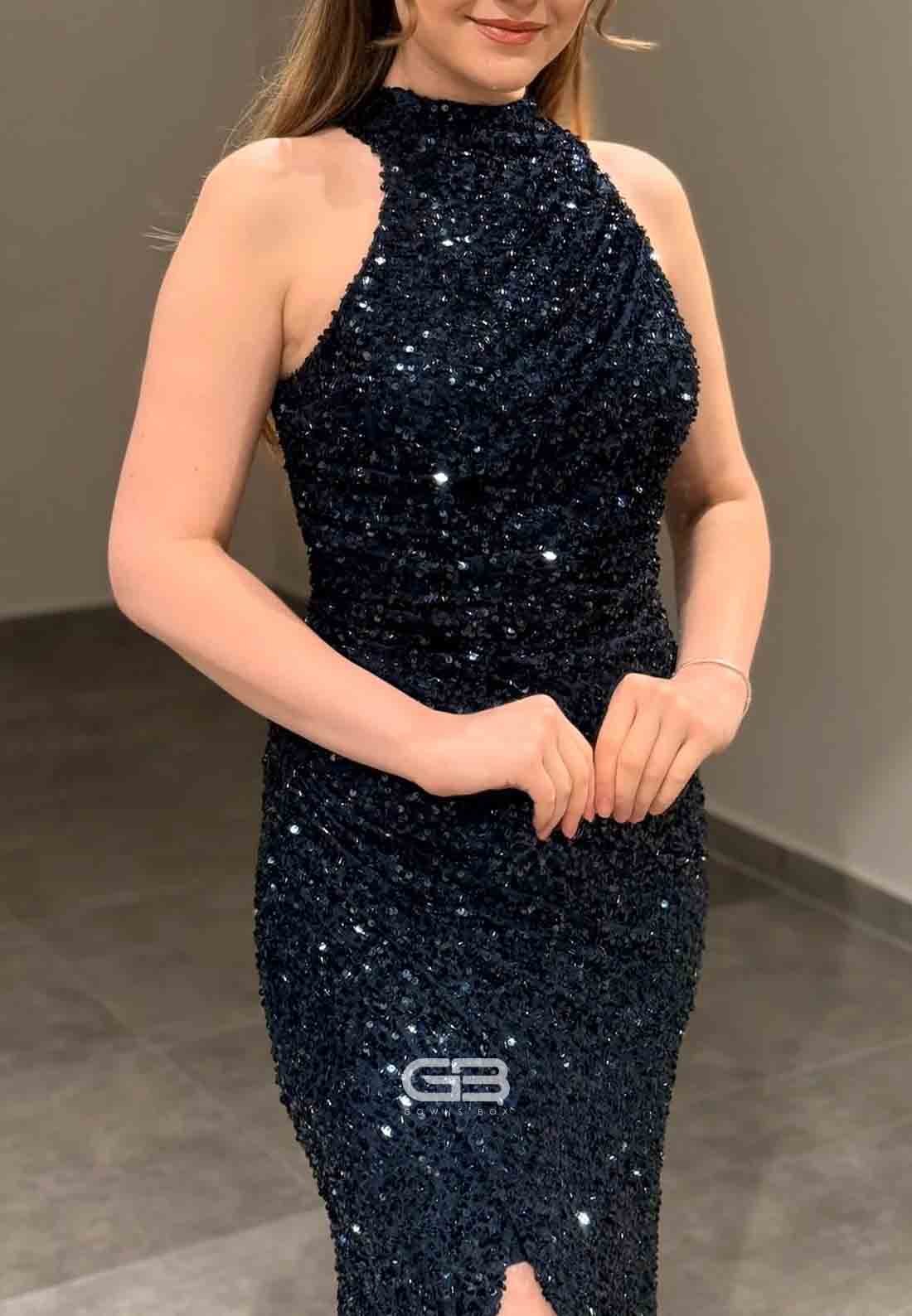 Sparkly Halter Sleeveless Sequined Column Floor-Length Evening Gowns with Side Slit 