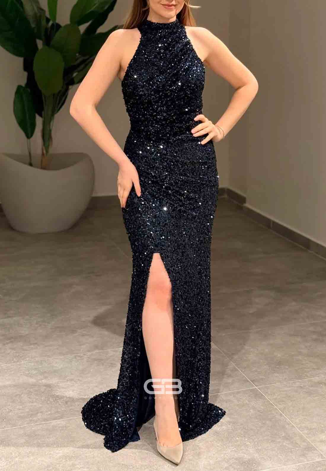 Sparkly Halter Sleeveless Sequined Column Floor-Length Evening Gowns with Side Slit 