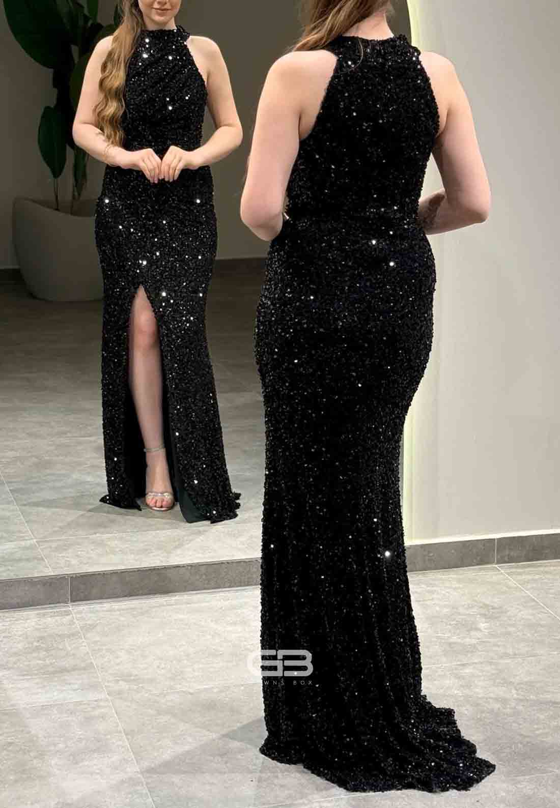 Sparkly Halter Sleeveless Sequined Column Floor-Length Evening Gowns with Side Slit 