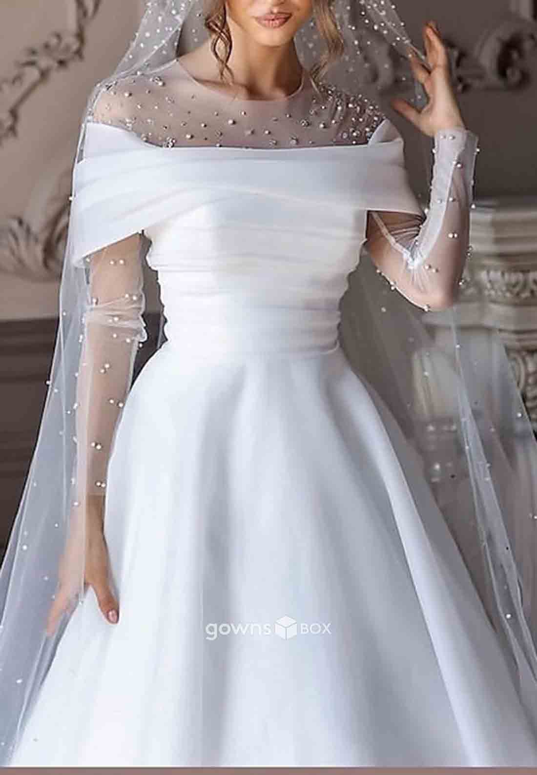 Long Sleeves Sweep Train Satin Pleated Princess Pearls Wedding Dresses-GownsBox