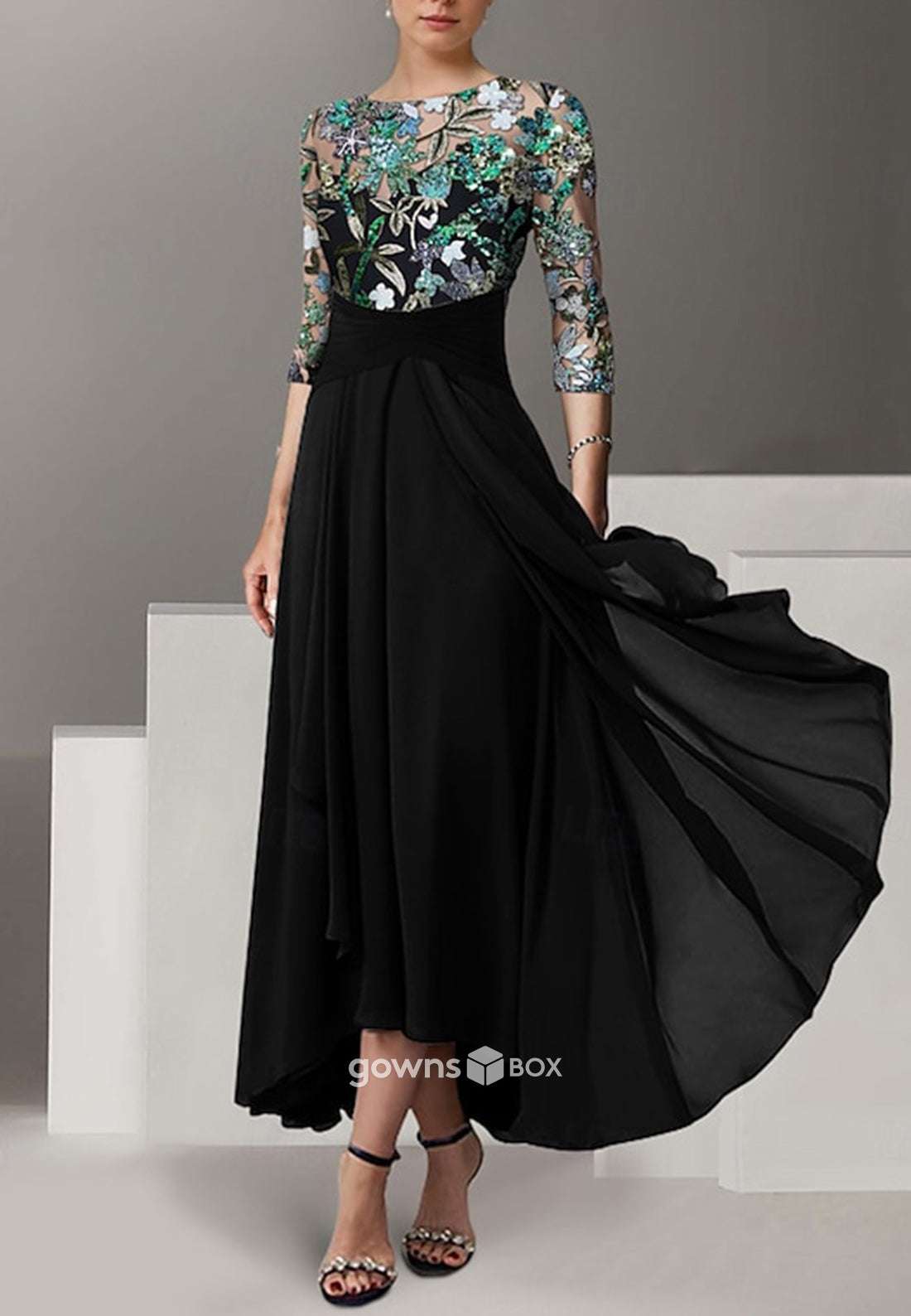 Beading Pleated Pleated 3/4 Sleeve Tea-Length Chiffon A-Line Mother of the Bride Dresses-GownsBox