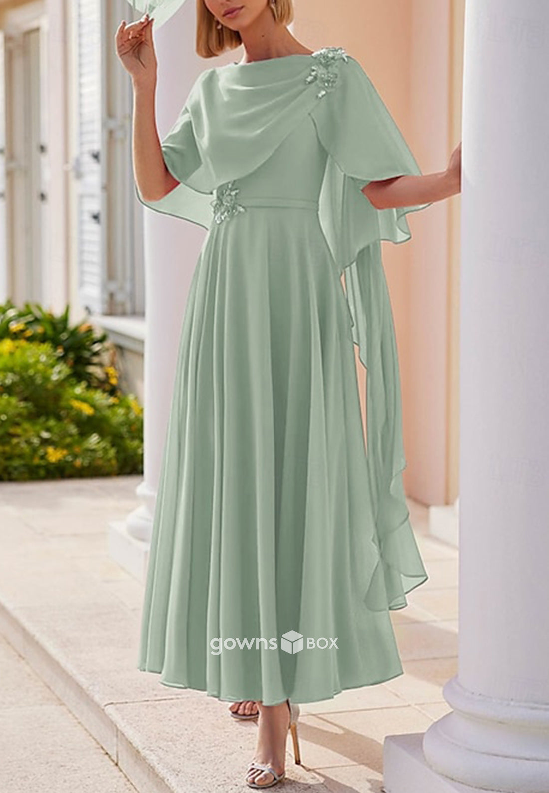 A-Line Ankle-Length Shawl Ruched Chiffon Appliques Mother of the Bride Dresses-GownsBox