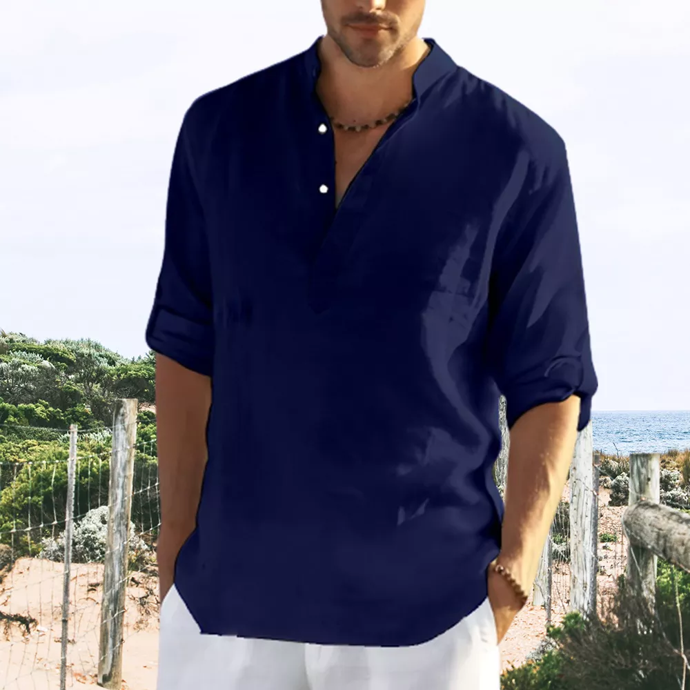 Saphirvogel™  Lässiges Strand-Macaron-Vitalitäts-T-Shirt aus Baumwolle und Leinen für Herren mit langen Ärmeln