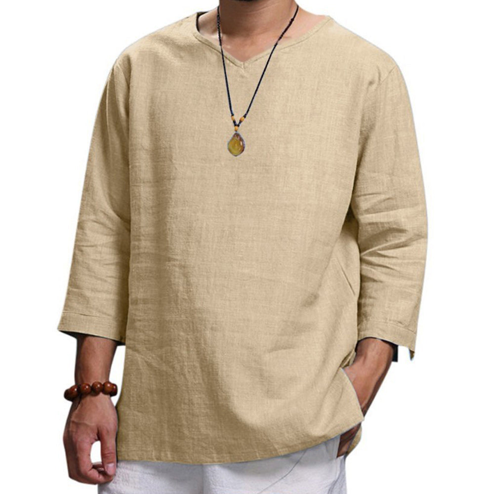 Saphirvogel™ Loses Langarm-Top aus Baumwolle und Leinen mit V-Ausschnitt für Herren