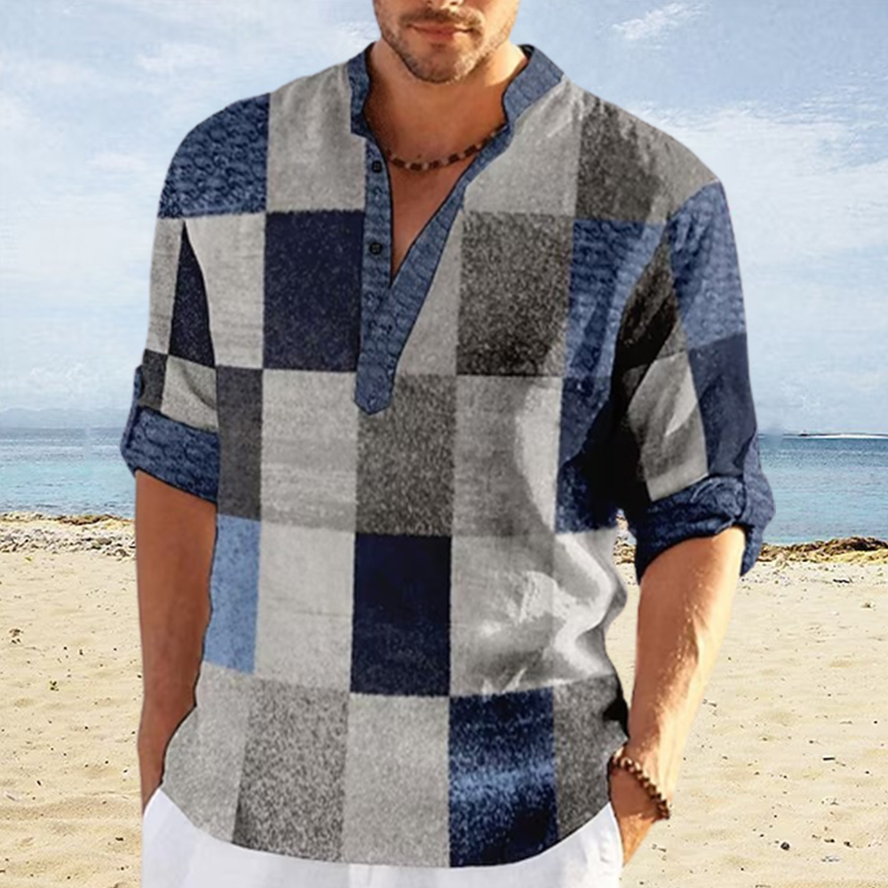 Saphirvogel™ Herren Farbe Block 3D gedruckt Stand Kragen Casual Shirt