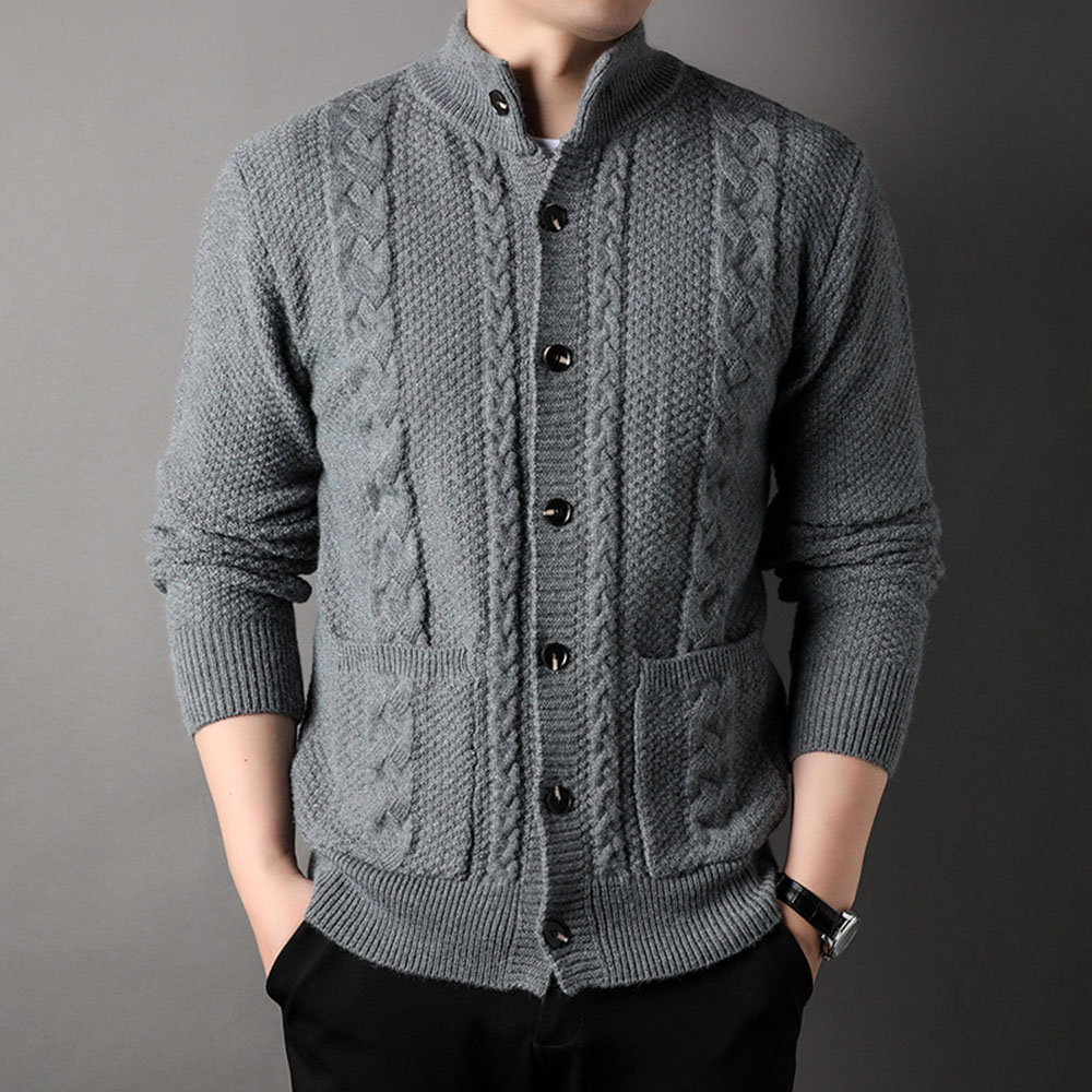 Saphirvogel™ Herren Twist Stehkragen Knopf-Taschen-Strickjacke Pullover