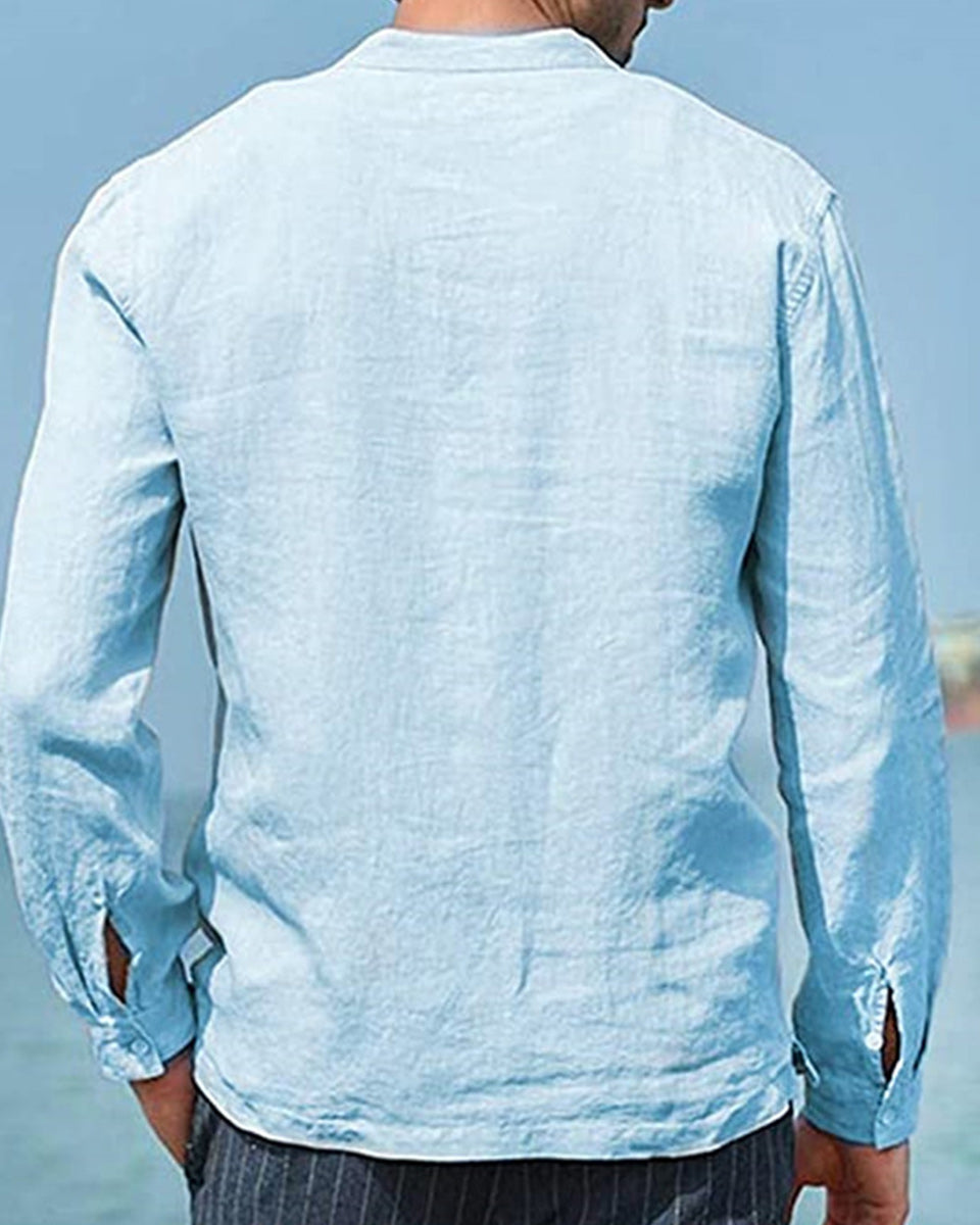 Saphirvogel™ Herren-Baumwoll-Leinen-Langarmhemd mit Tasche, lockeres Hemd