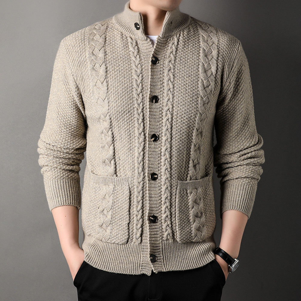 Saphirvogel™ Herren Twist Stehkragen Knopf-Taschen-Strickjacke Pullover