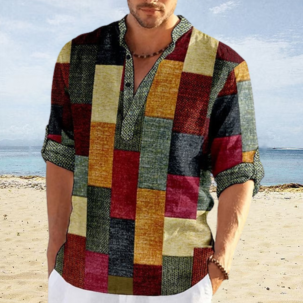 Saphirvogel™ Herren Farbe Block 3D gedruckt Stand Kragen Casual Shirt