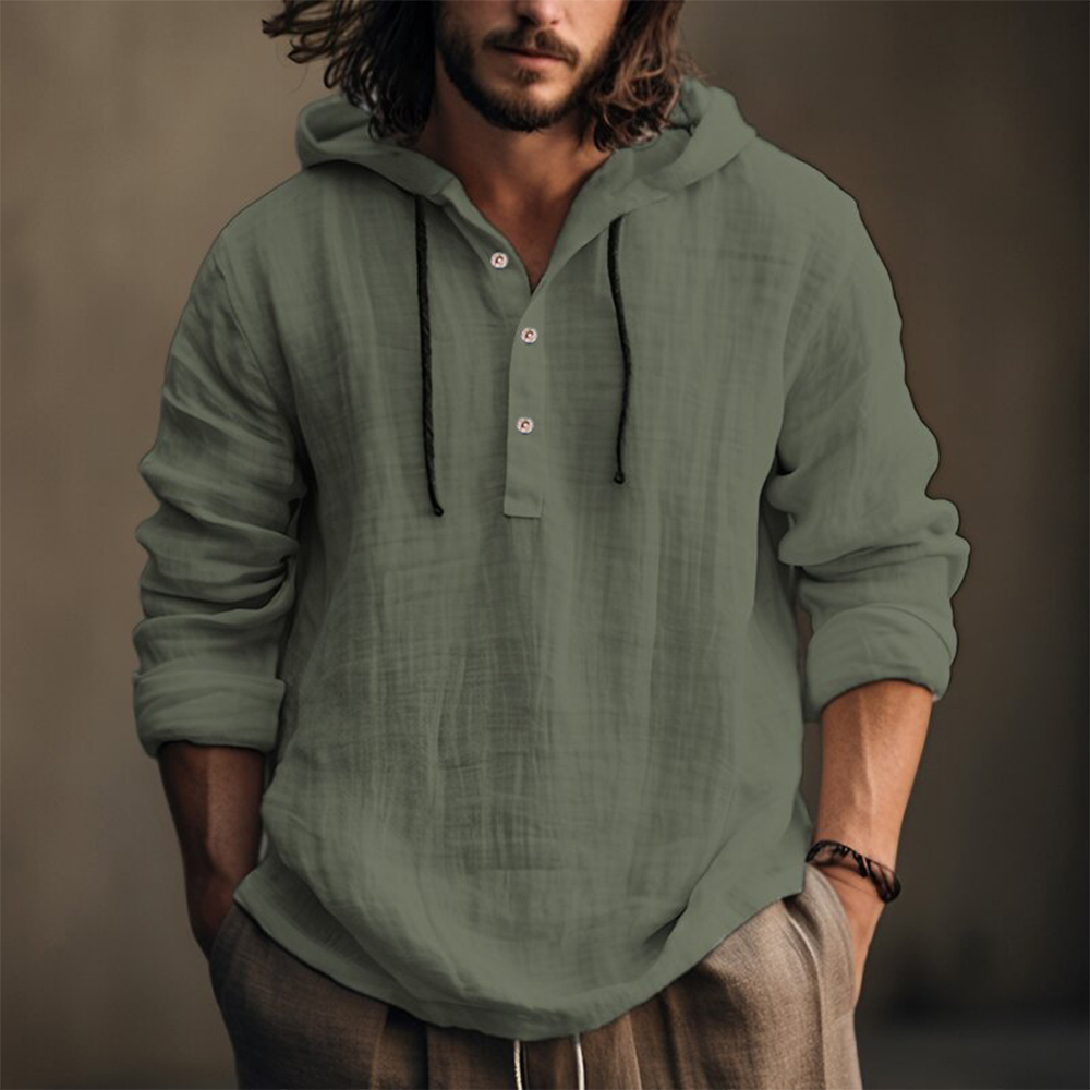 Shobous Men's Cotton Linen Hooded Pullover Long Sleeve Shirt