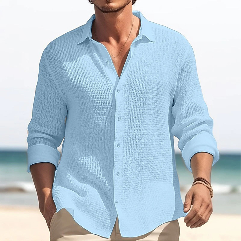 Saphirvogel™ Unifarbenes Waffelhemd mit Revers für Herren mit langen Ärmeln