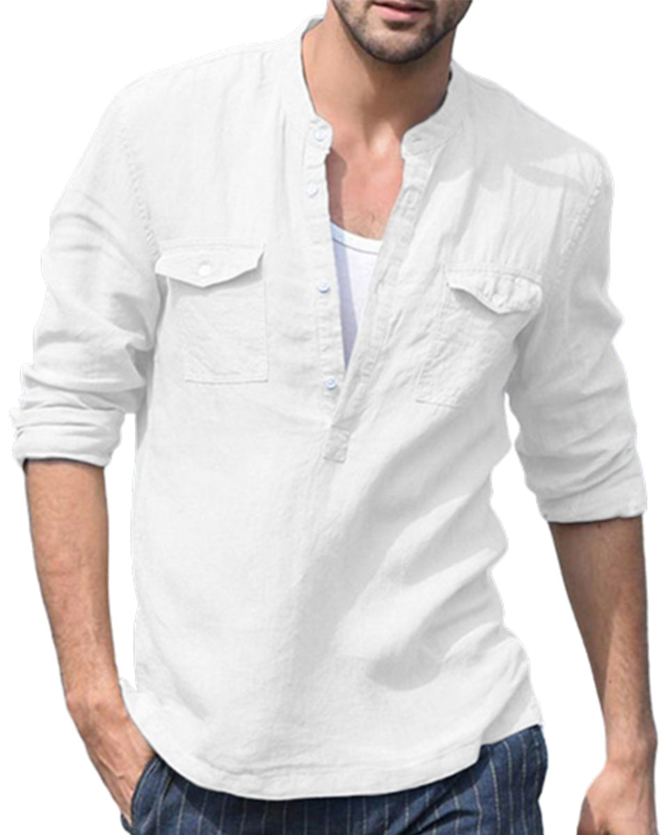 Saphirvogel™ Herren-Baumwoll-Leinen-Langarmhemd mit Tasche, lockeres Hemd
