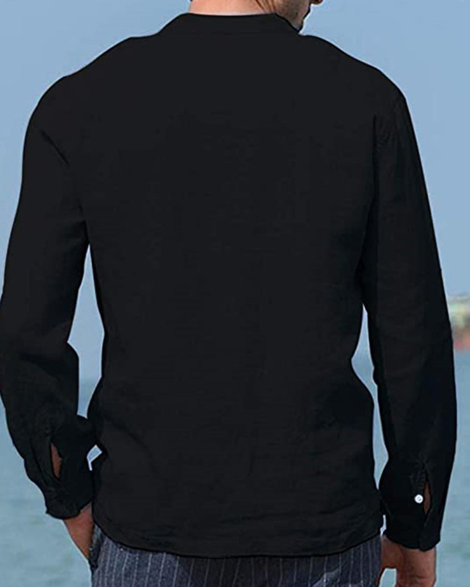 Saphirvogel™ Herren-Baumwoll-Leinen-Langarmhemd mit Tasche, lockeres Hemd