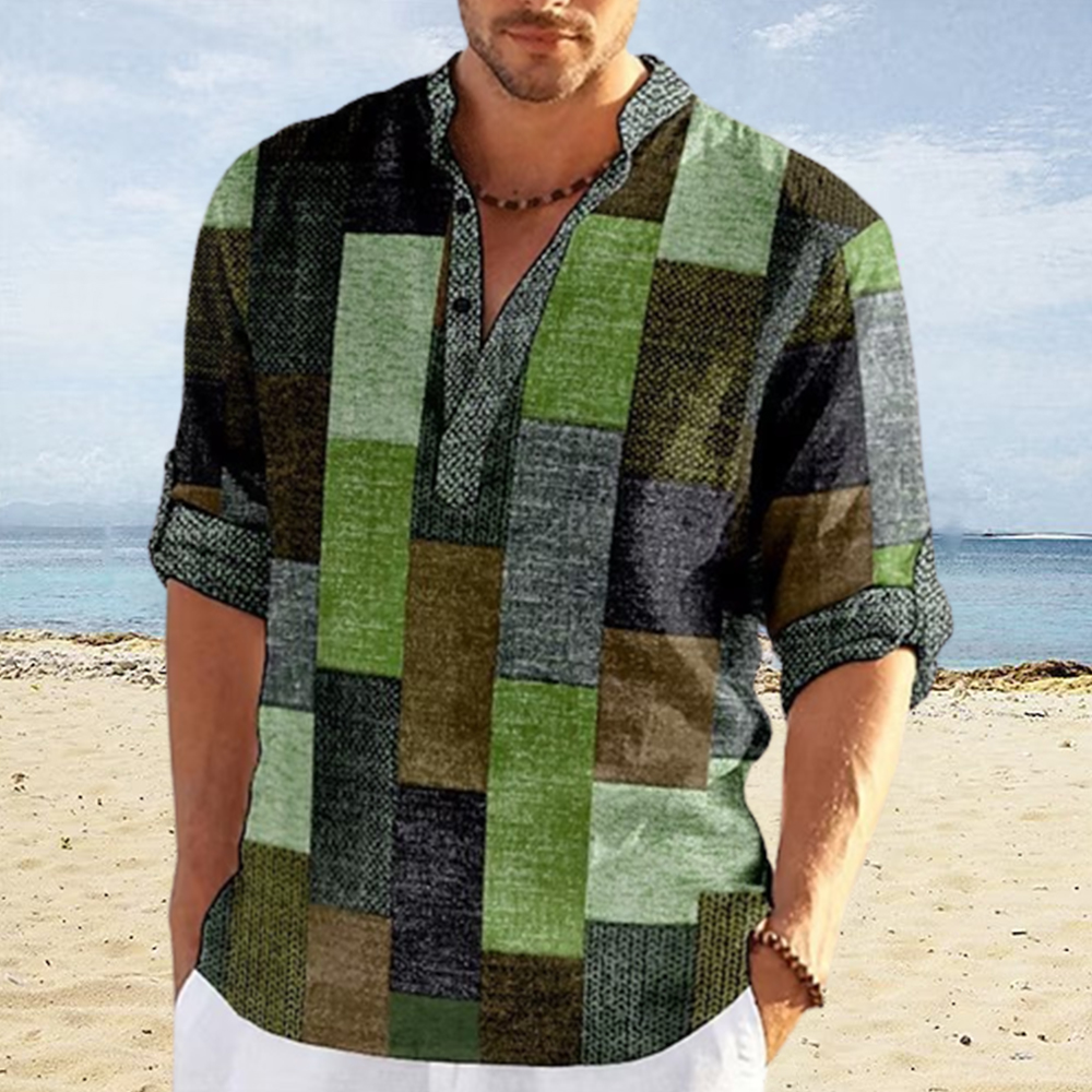 Saphirvogel™ Herren Farbe Block 3D gedruckt Stand Kragen Casual Shirt