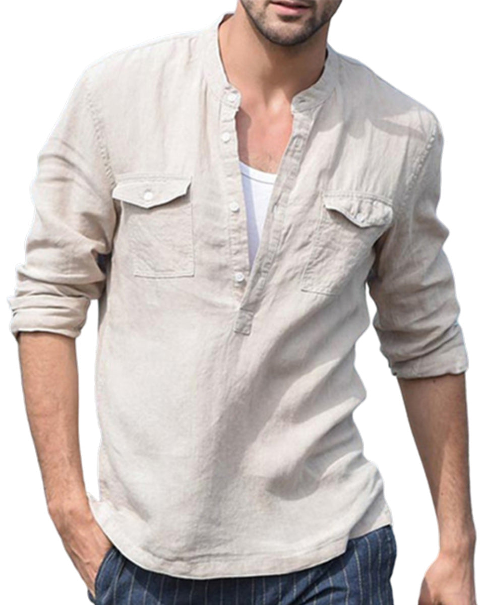 Saphirvogel™ Herren-Baumwoll-Leinen-Langarmhemd mit Tasche, lockeres Hemd