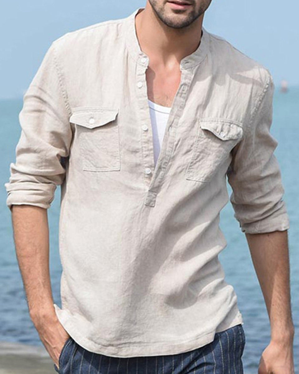 Saphirvogel™ Herren-Baumwoll-Leinen-Langarmhemd mit Tasche, lockeres Hemd