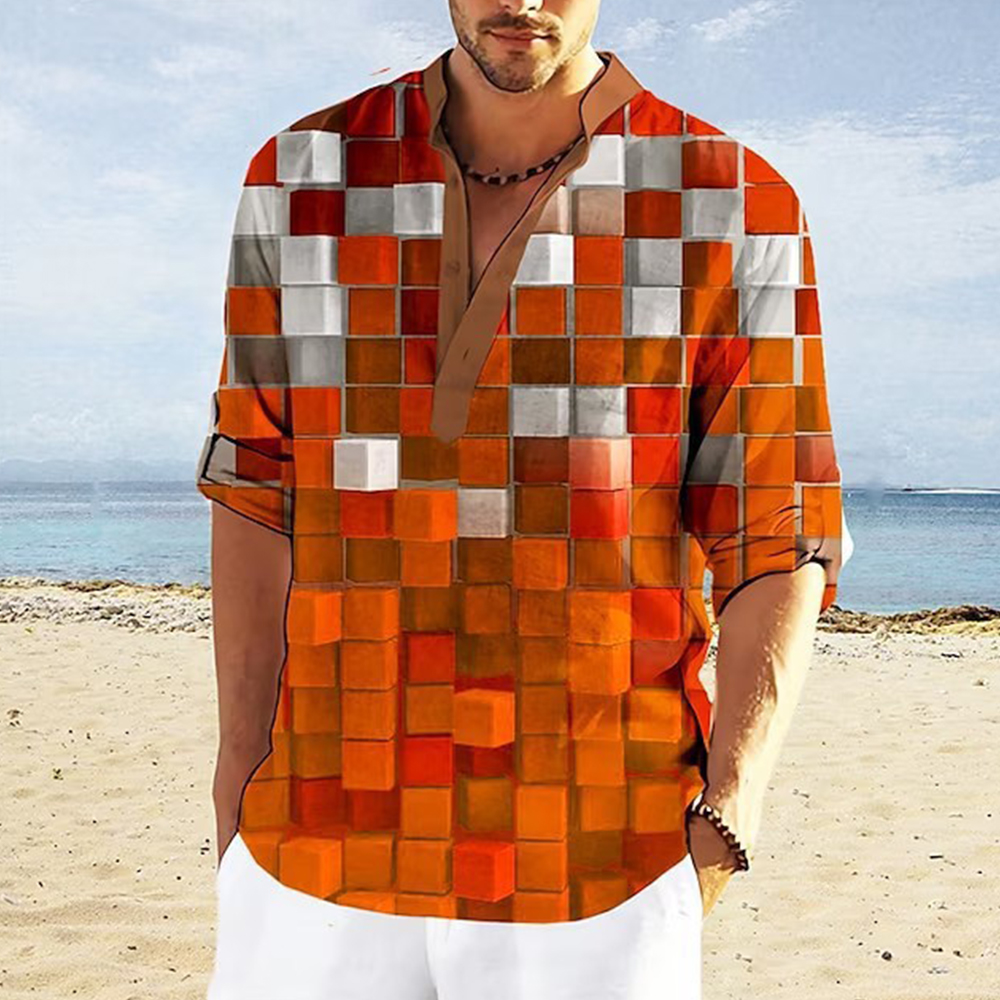 Saphirvogel™ Herren Farbe Block 3D gedruckt Stand Kragen Casual Shirt