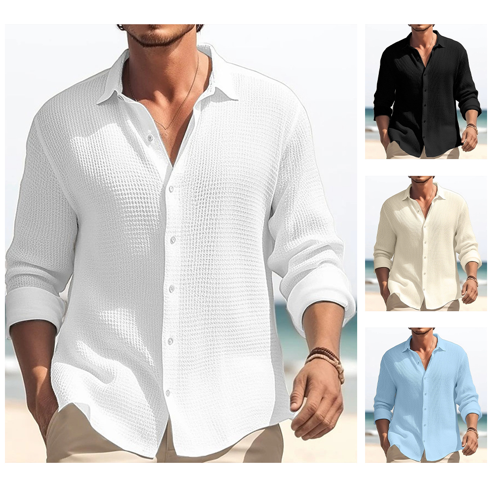 Saphirvogel™ Unifarbenes Waffelhemd mit Revers für Herren mit langen Ärmeln