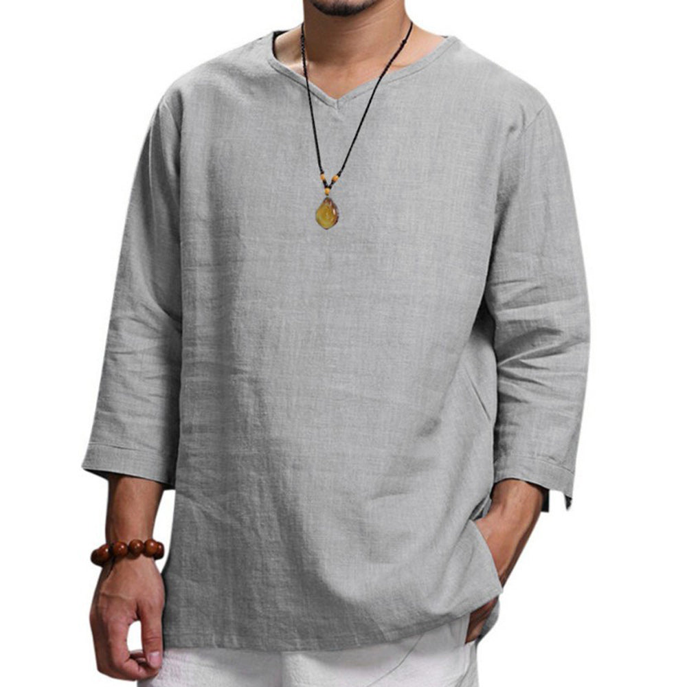 Saphirvogel™ Loses Langarm-Top aus Baumwolle und Leinen mit V-Ausschnitt für Herren