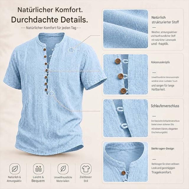 Cosmine Herren Baumwolle Leinen V-Ausschnitt Knopf Hemd mit kurzen Ärmeln