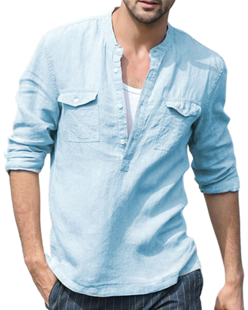 Saphirvogel™ Herren-Baumwoll-Leinen-Langarmhemd mit Tasche, lockeres Hemd