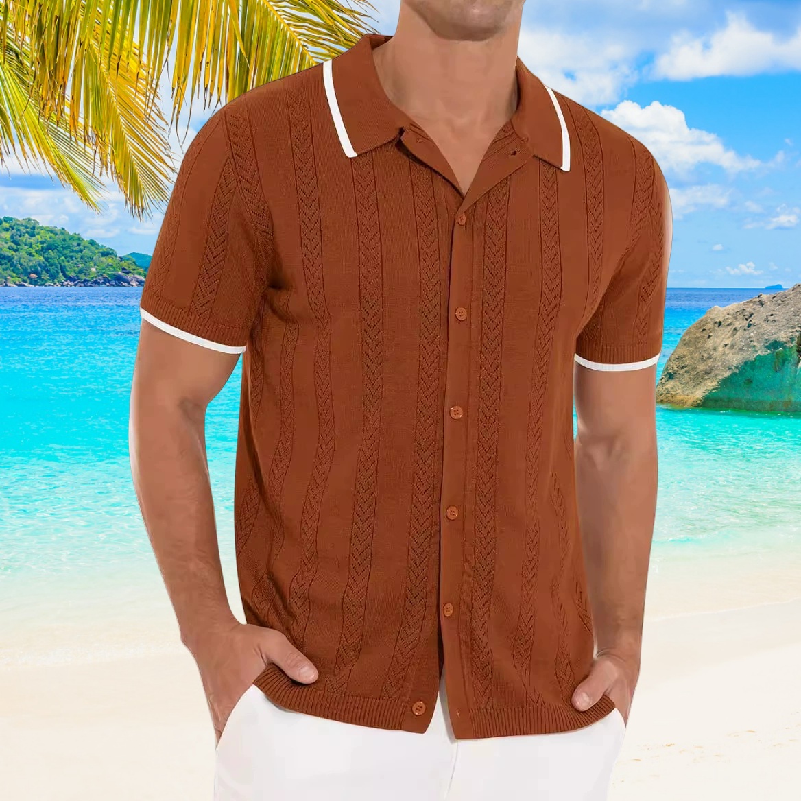 Blauschwan™ Lässiger Strickpullover für Herren in Volltonfarbe mit kurzen Ärmeln