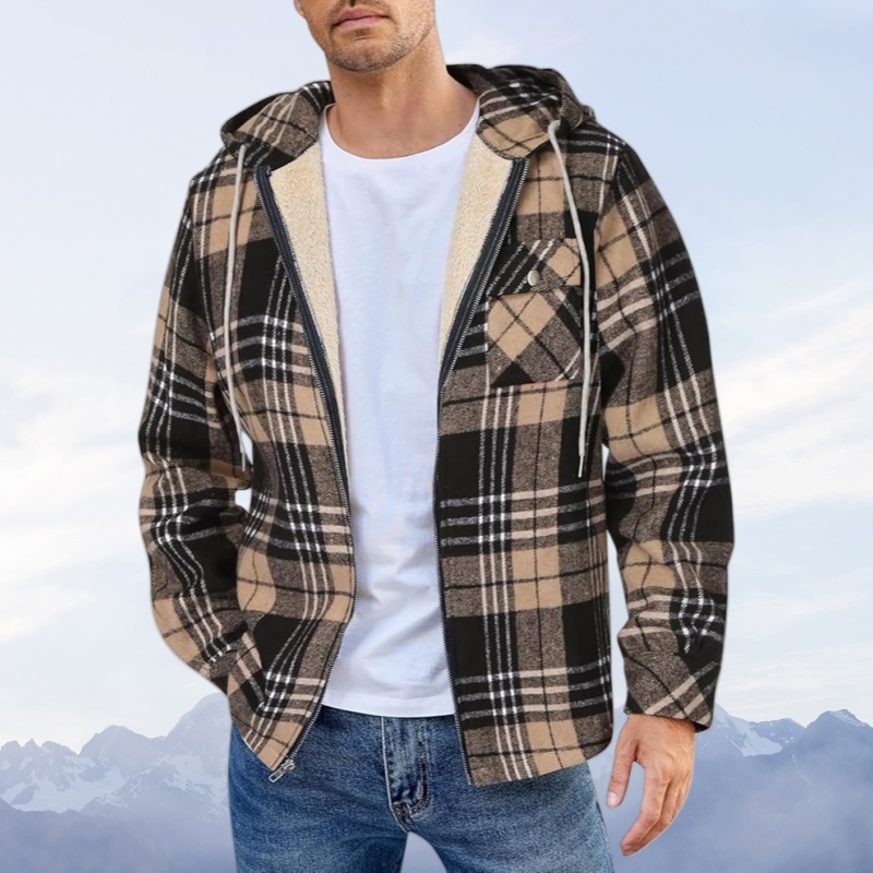 Warme Herrenjacke Aus Kariertem Samt Mit Kapuze