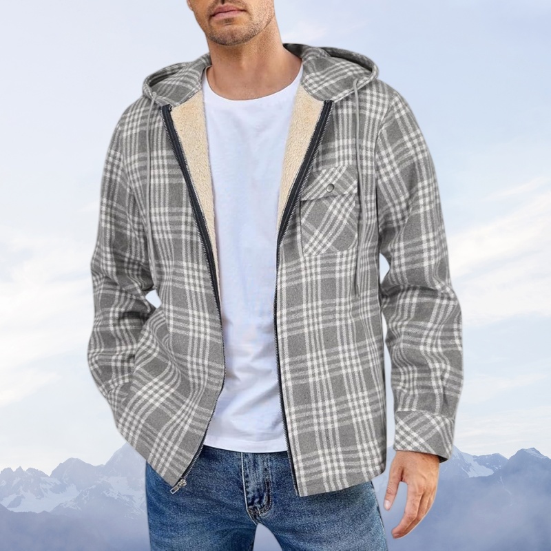 Warme Herrenjacke Aus Kariertem Samt Mit Kapuze