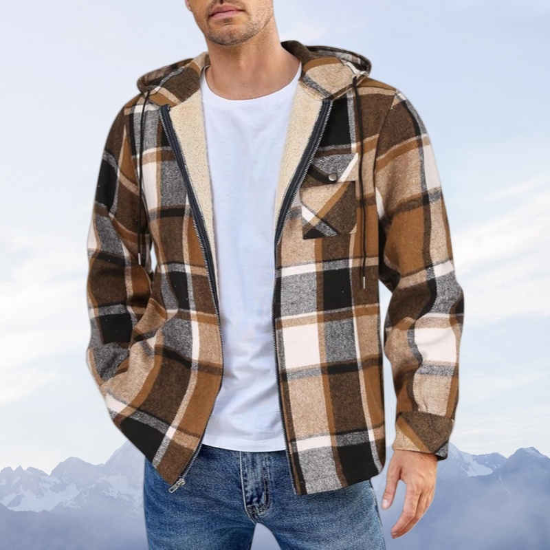 Warme Herrenjacke Aus Kariertem Samt Mit Kapuze