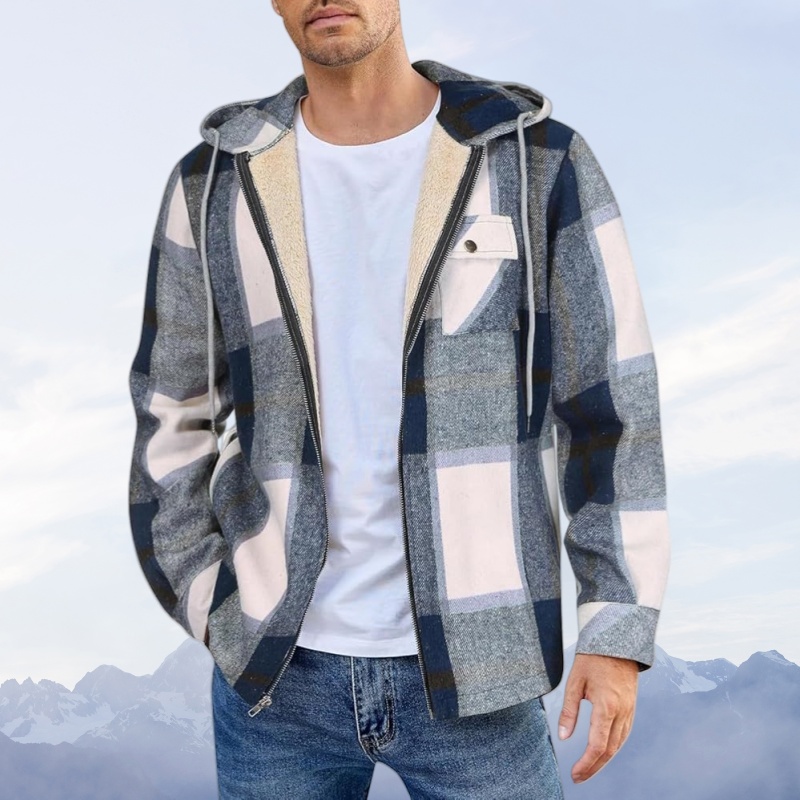 Warme Herrenjacke Aus Kariertem Samt Mit Kapuze