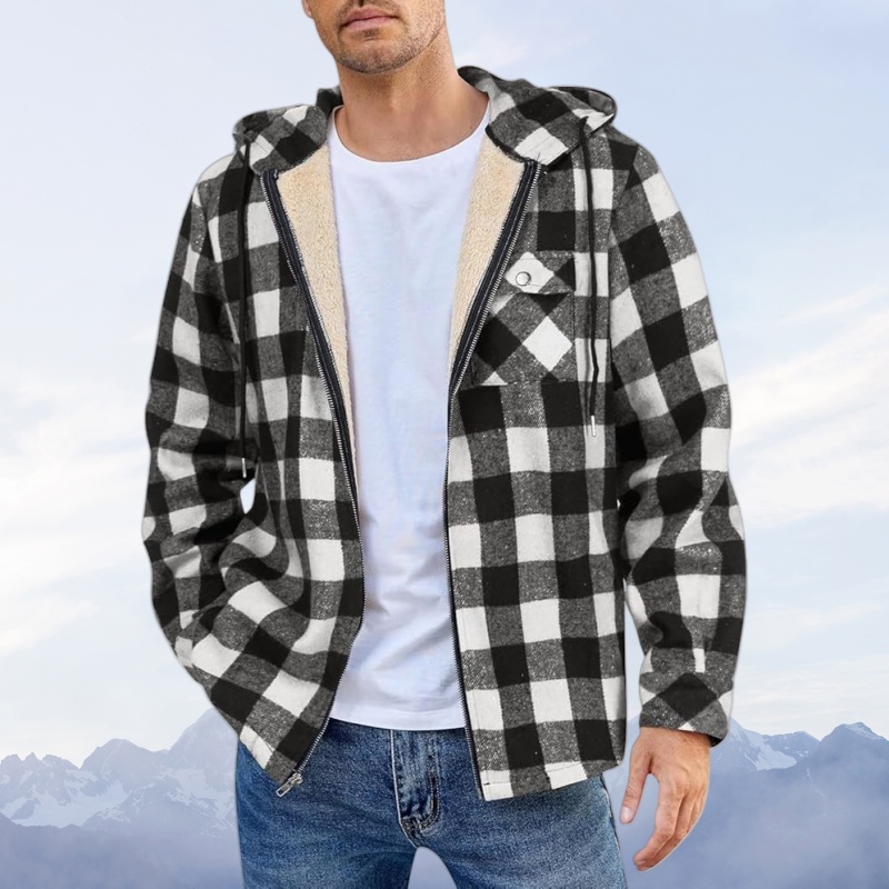 Warme Herrenjacke Aus Kariertem Samt Mit Kapuze