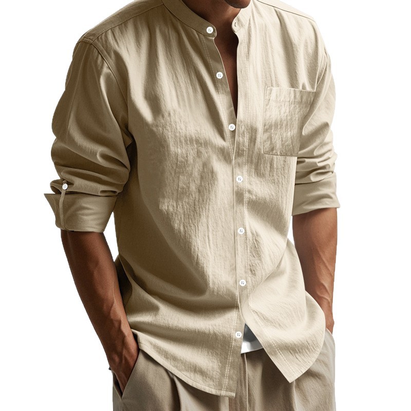 Cosmine Langärmliges Stehkragen atmungsaktives Freizeit-Leinenhemd