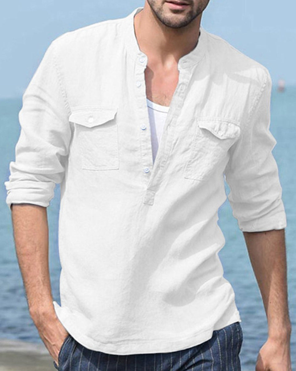 Saphirvogel™ Herren-Baumwoll-Leinen-Langarmhemd mit Tasche, lockeres Hemd
