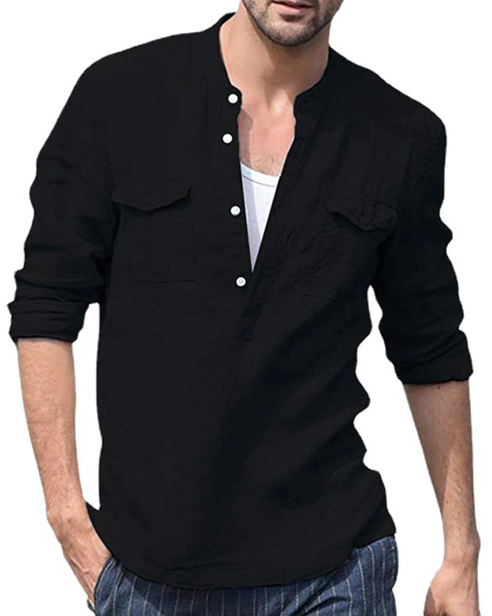 Saphirvogel™ Herren-Baumwoll-Leinen-Langarmhemd mit Tasche, lockeres Hemd