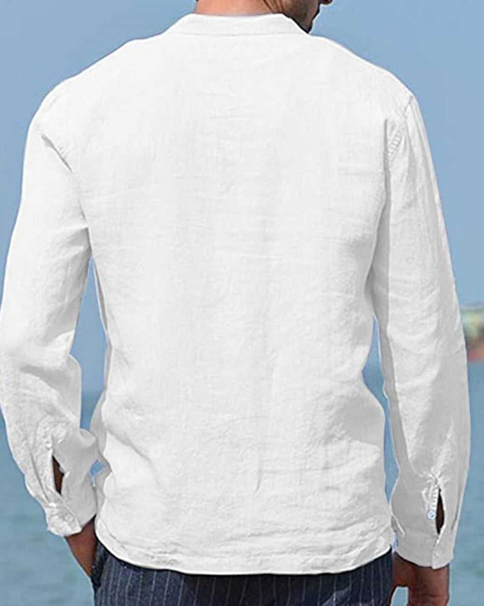 Saphirvogel™ Herren-Baumwoll-Leinen-Langarmhemd mit Tasche, lockeres Hemd