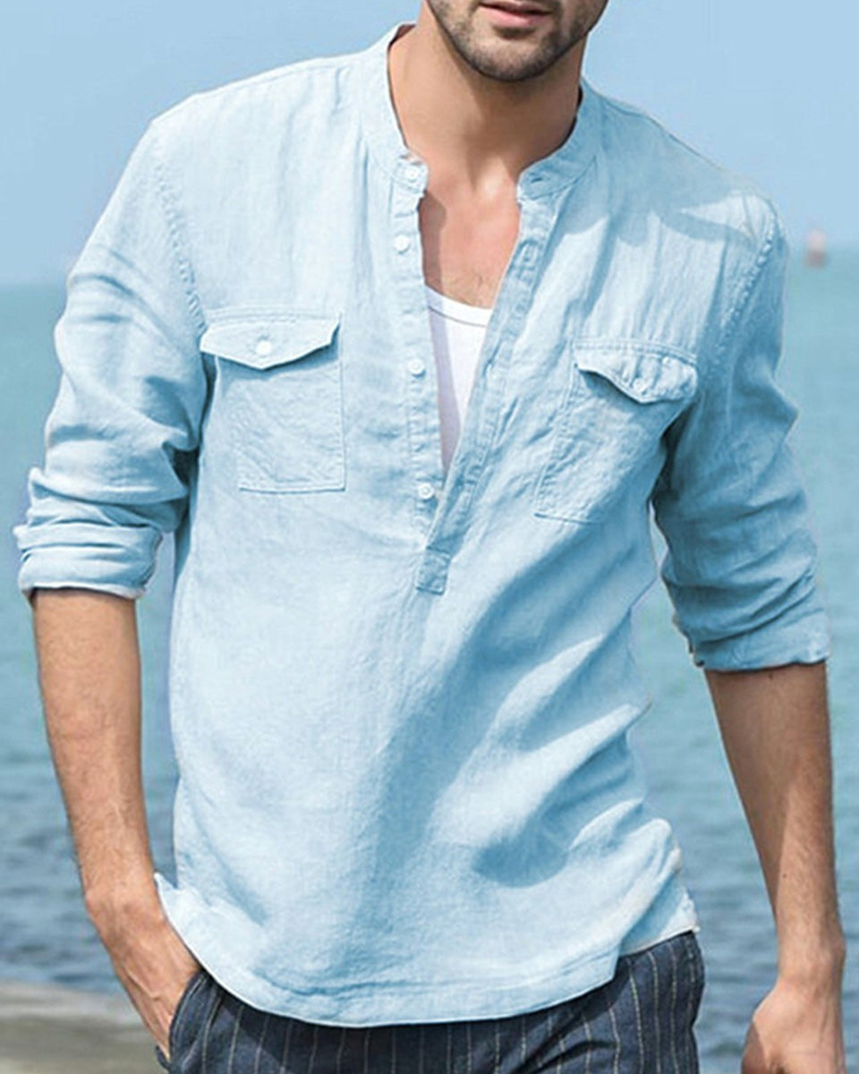 Saphirvogel™ Herren-Baumwoll-Leinen-Langarmhemd mit Tasche, lockeres Hemd