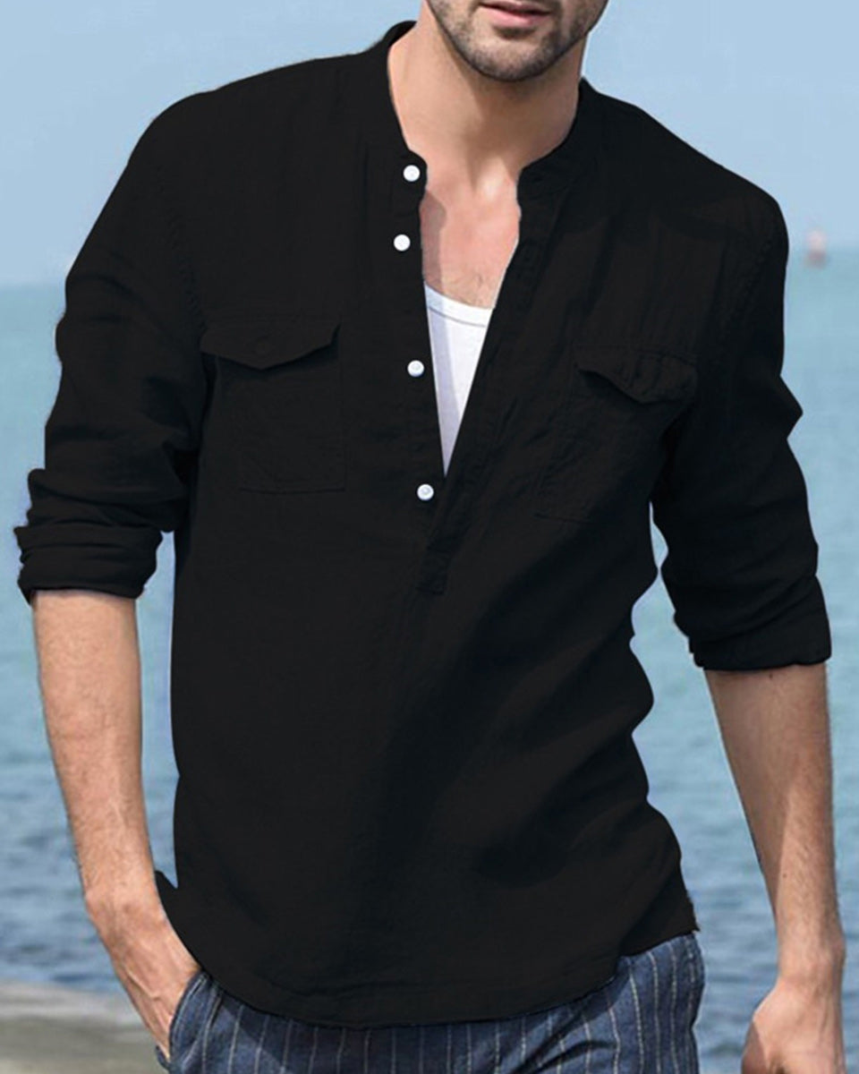 Saphirvogel™ Herren-Baumwoll-Leinen-Langarmhemd mit Tasche, lockeres Hemd