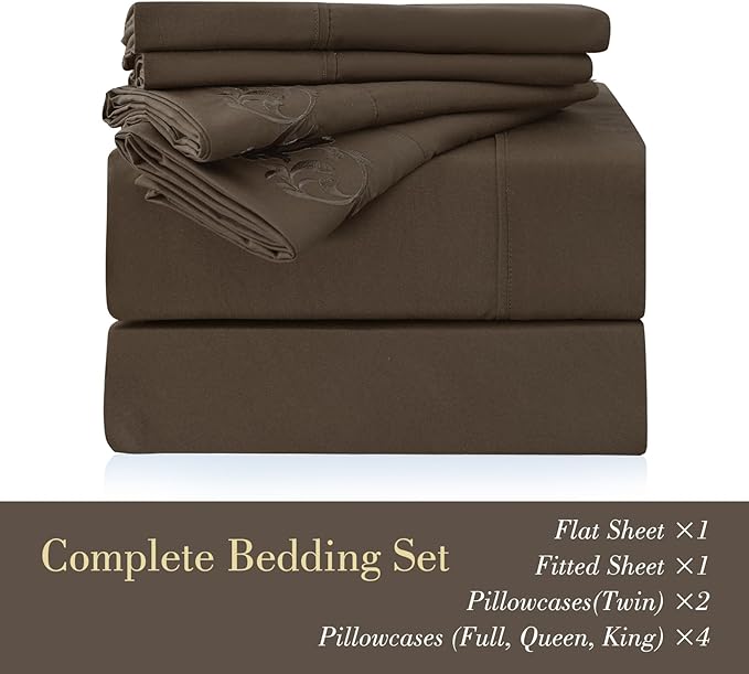 King Size Sheet Set - 6 Pieces Hotel Luxury Super Soft Microfiber Bed Sheets with Embroidery Detail - Lightweight, Easy Care, and Breathable - 16-Inch Deep Pockets - Brown